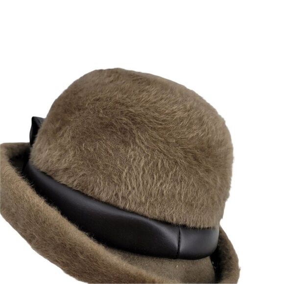 60's Mr. John Sophisticate Mystere Brown Fuzzy Cloche Hat Faux Leather Bow - Picture 14 of 15